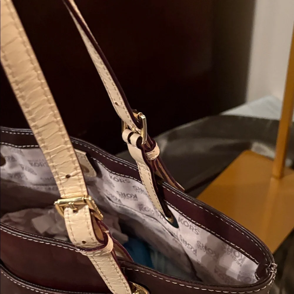 Michael Kors Deep Dark Chocolate Tote with Beige Straps